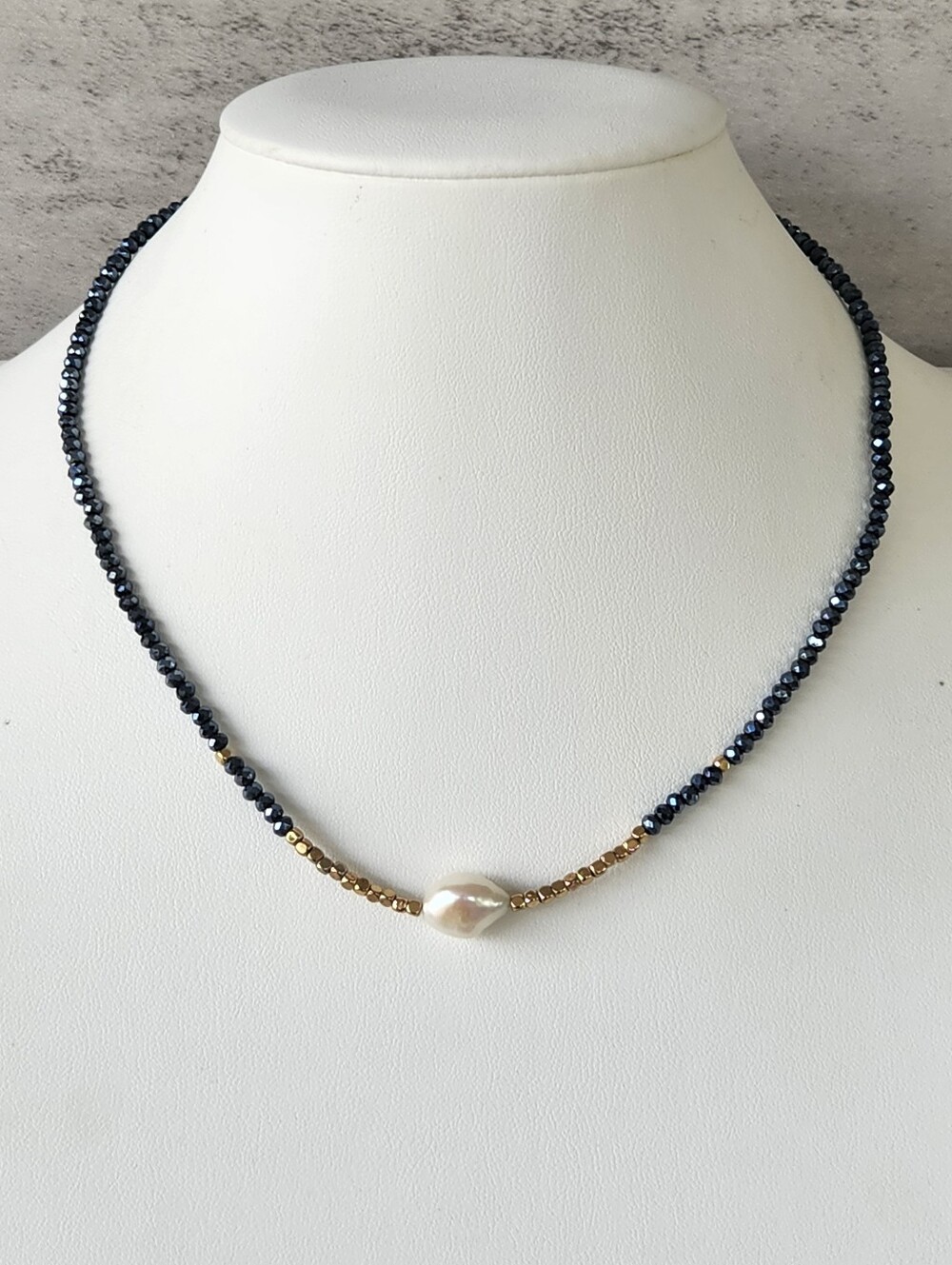 Delicate Navy Gold Glass Bead and Freshwater Pearl Choker Necklace Minimalist